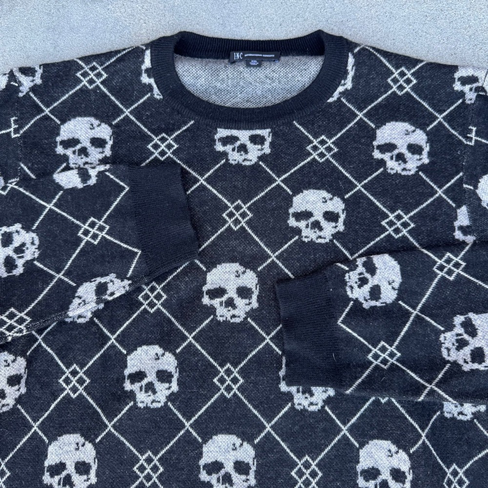 INC International Concepts Wool Cashmere Skull Argyle Sweater Black Grey XXL
